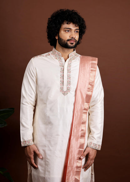 Kanjivaram Pattu Embroidered Kurta Set by Hilo Design