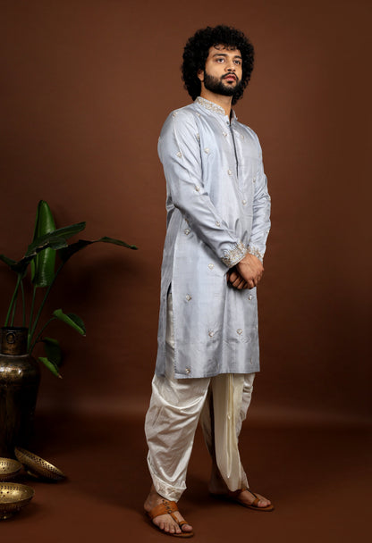 Kanjivaram Grey Hand Embroidered Elegance Pattu Kurta Set by Hilo Design