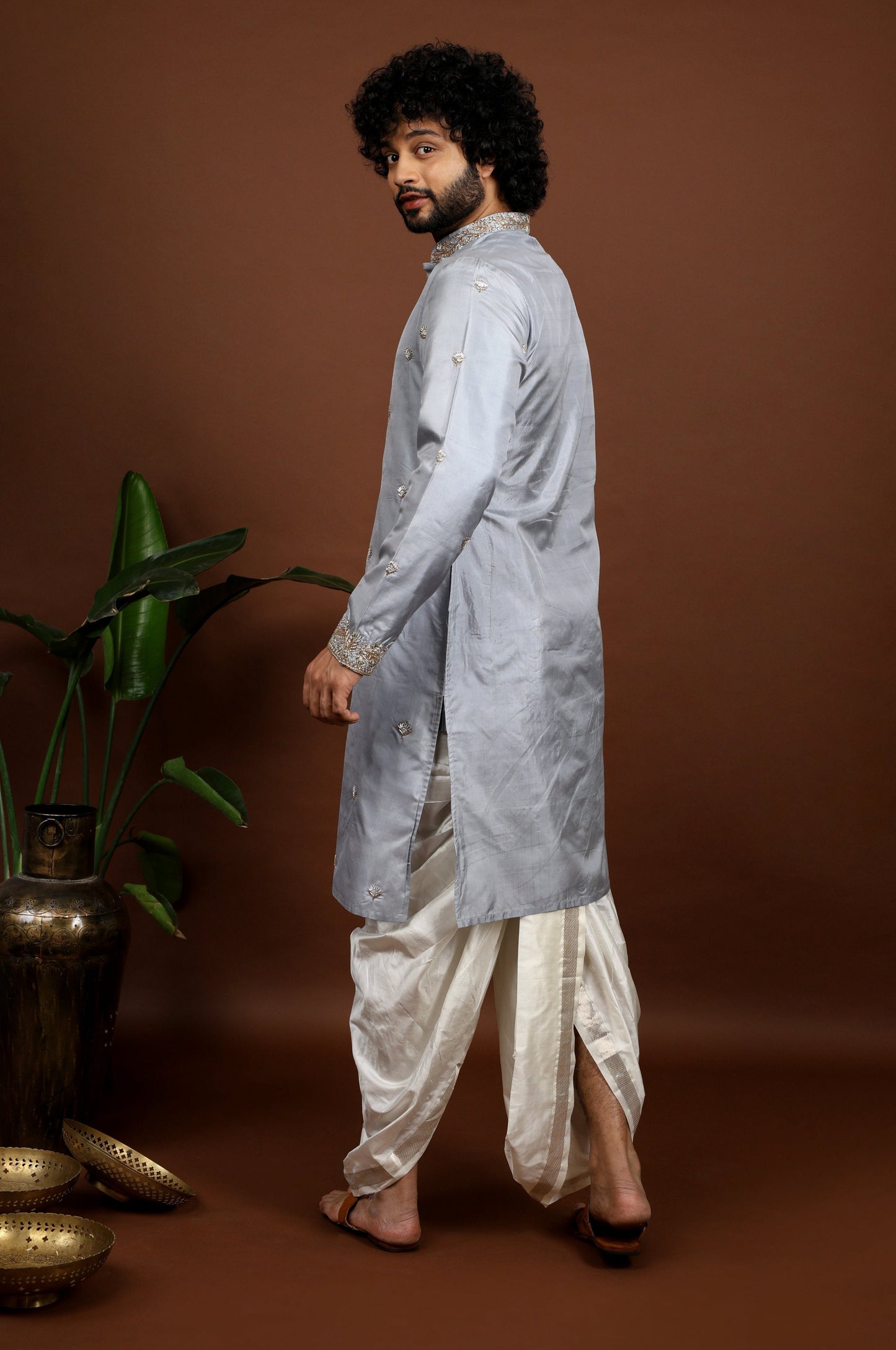 Kanjivaram Grey Hand Embroidered Elegance Pattu Kurta Set by Hilo Design