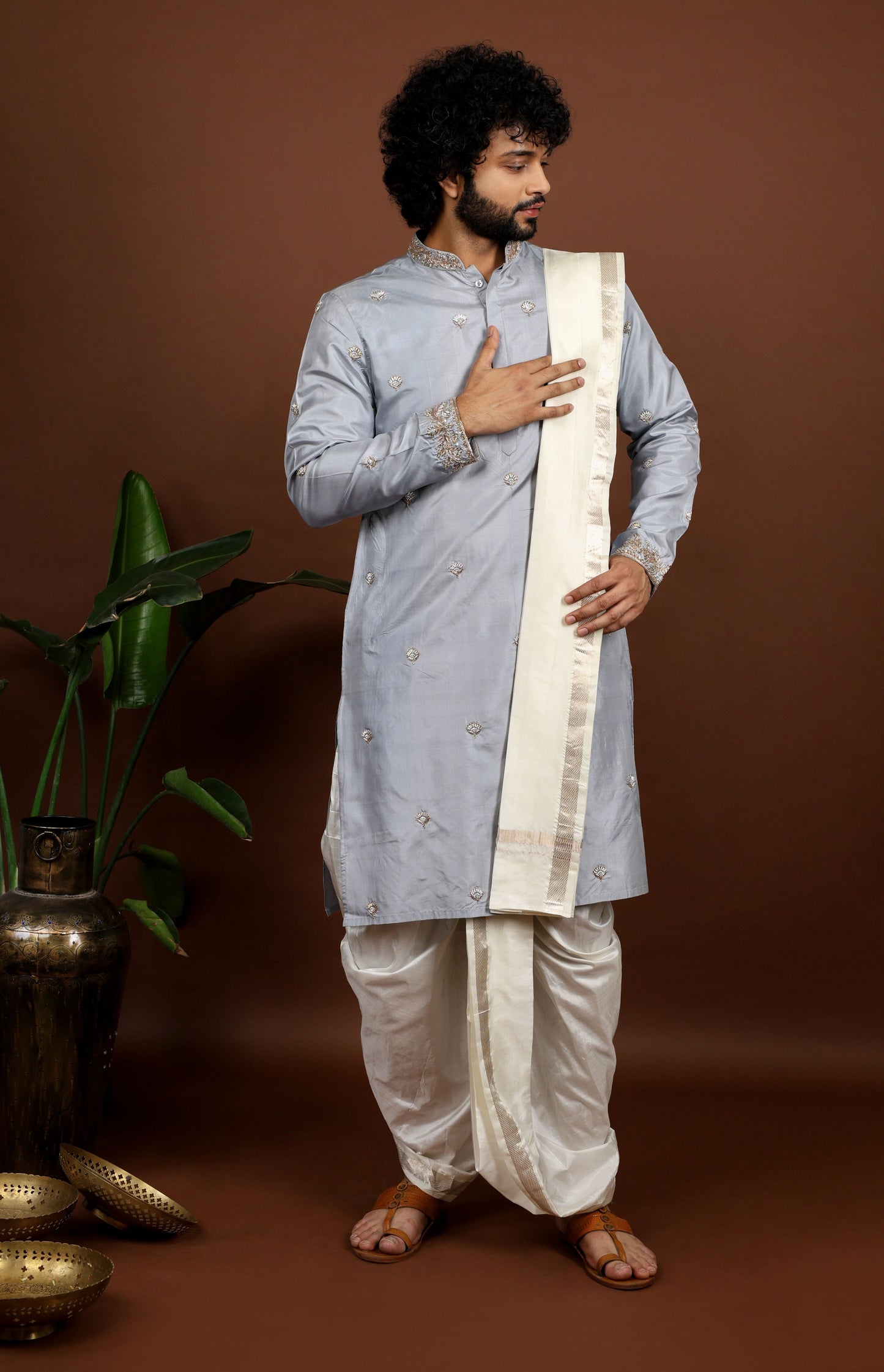 Kanjivaram Grey Hand Embroidered Elegance Pattu Kurta Set by Hilo Design
