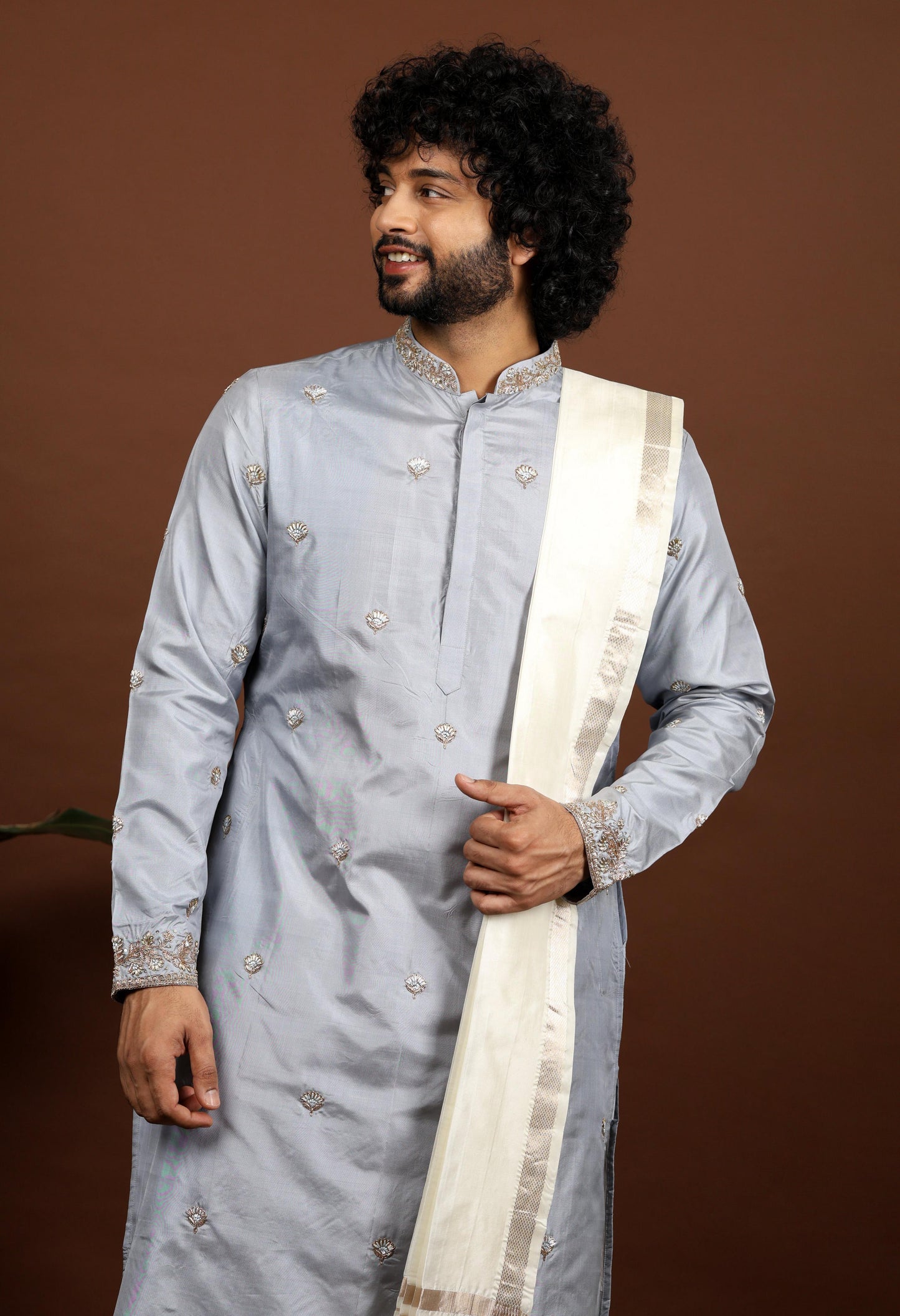 Kanjivaram Grey Hand Embroidered Elegance Pattu Kurta Set by Hilo Design