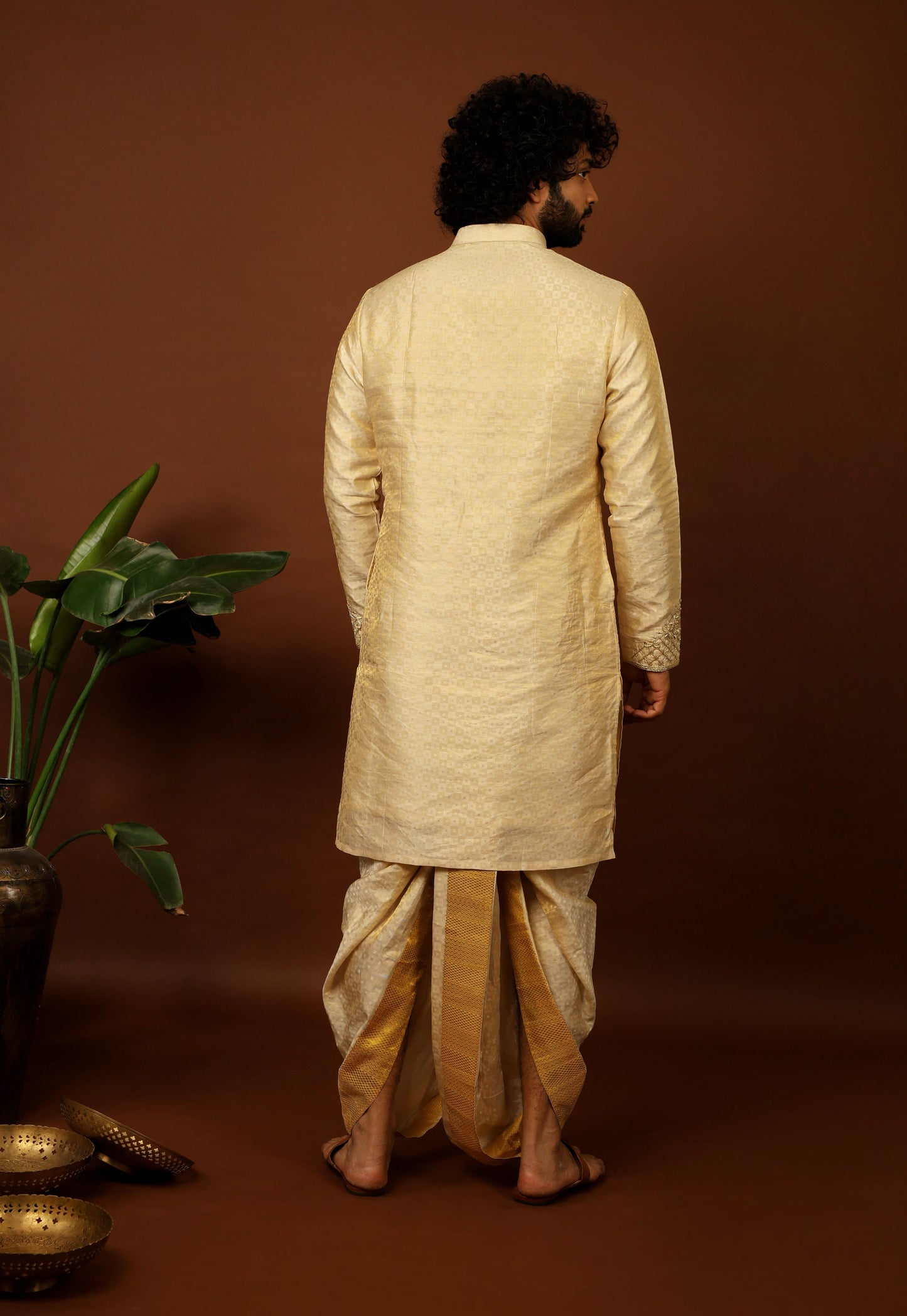 Kanjivaram Gold Textured Tissue Embroidered Pattu Opulence Kurta Set by Hilo Design