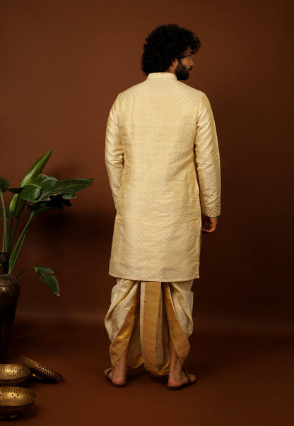 Kanjivaram Gold Textured Tissue Embroidered Pattu Opulence Kurta Set by Hilo Design