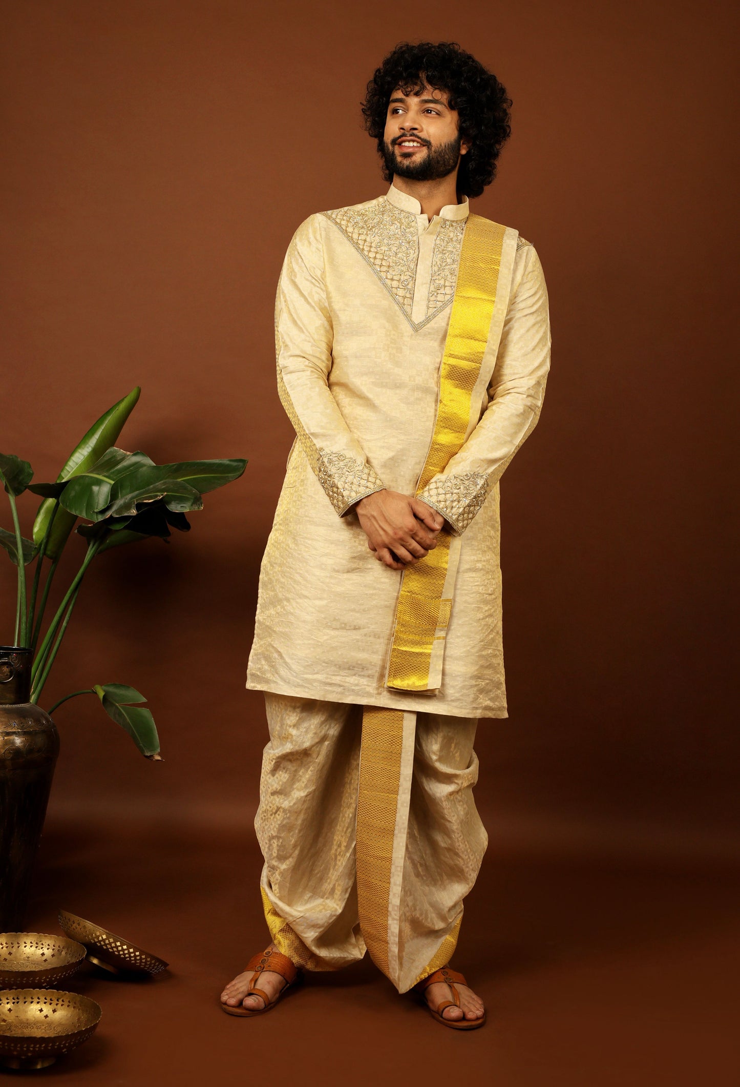 Kanjivaram Gold Textured Tissue Embroidered Pattu Opulence Kurta Set by Hilo Design