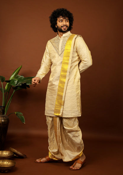 Kanjivaram Gold Textured Tissue Embroidered Pattu Opulence Kurta Set by Hilo Design