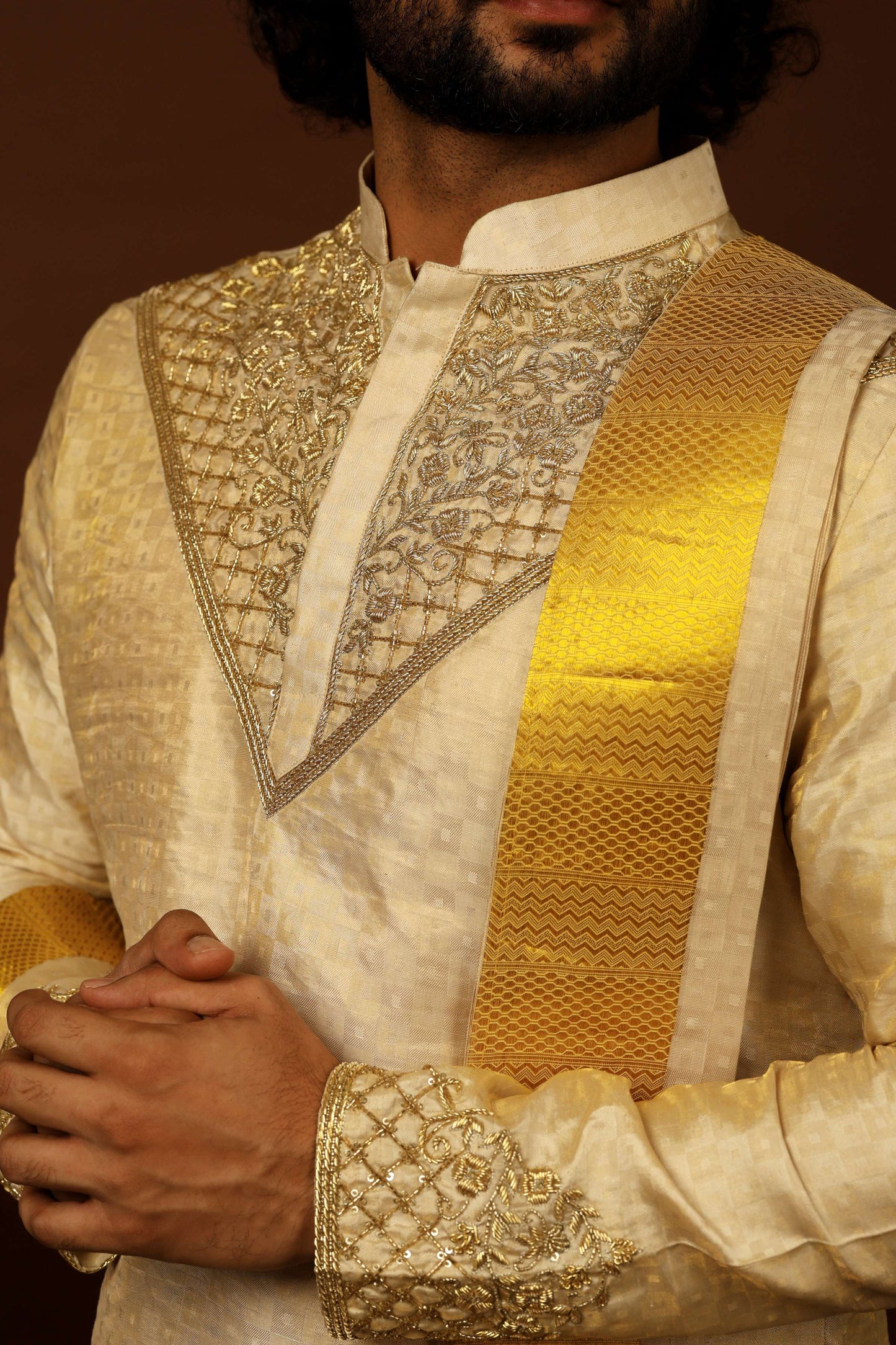 Kanjivaram Gold Textured Tissue Embroidered Pattu Opulence Kurta Set by Hilo Design
