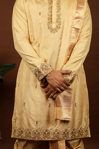 Kanjivaram Rose Gold Hand Emboirdered Pattu Kurta Set by Hilo Design