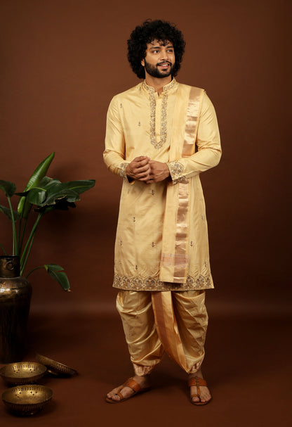 Kanjivaram Rose Gold Hand Emboirdered Pattu Kurta Set by Hilo Design