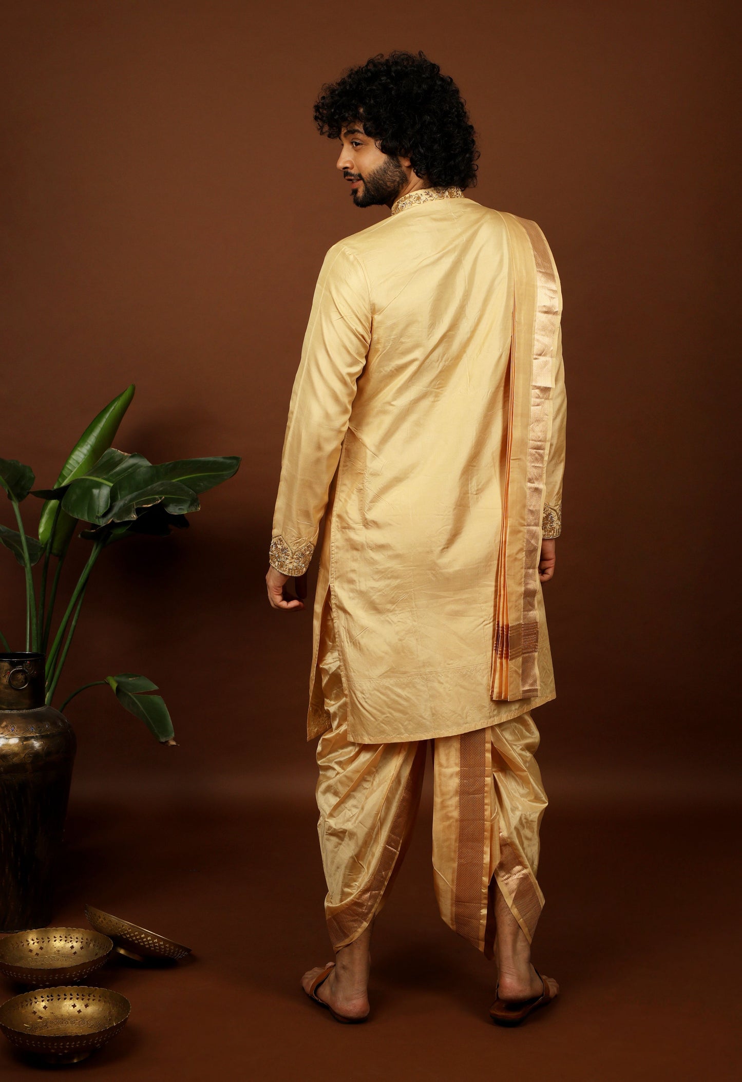 Kanjivaram Rose Gold Hand Emboirdered Pattu Kurta Set by Hilo Design