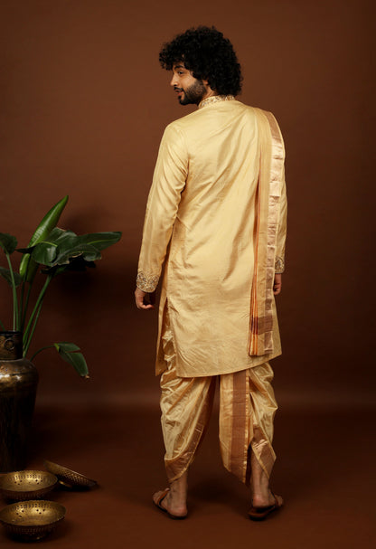 Kanjivaram Rose Gold Hand Emboirdered Pattu Kurta Set by Hilo Design