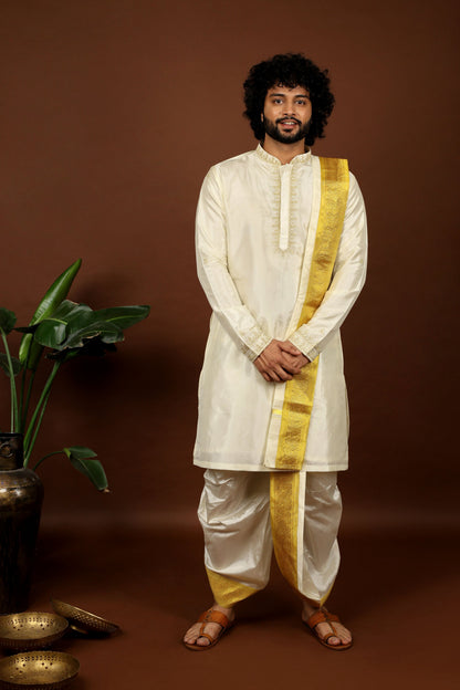 Kanjivaram Rose Gold Hand Emboirdered Pattu Kurta Set by Hilo Design