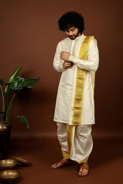Kanjivaram Rose Gold Hand Emboirdered Pattu Kurta Set by Hilo Design