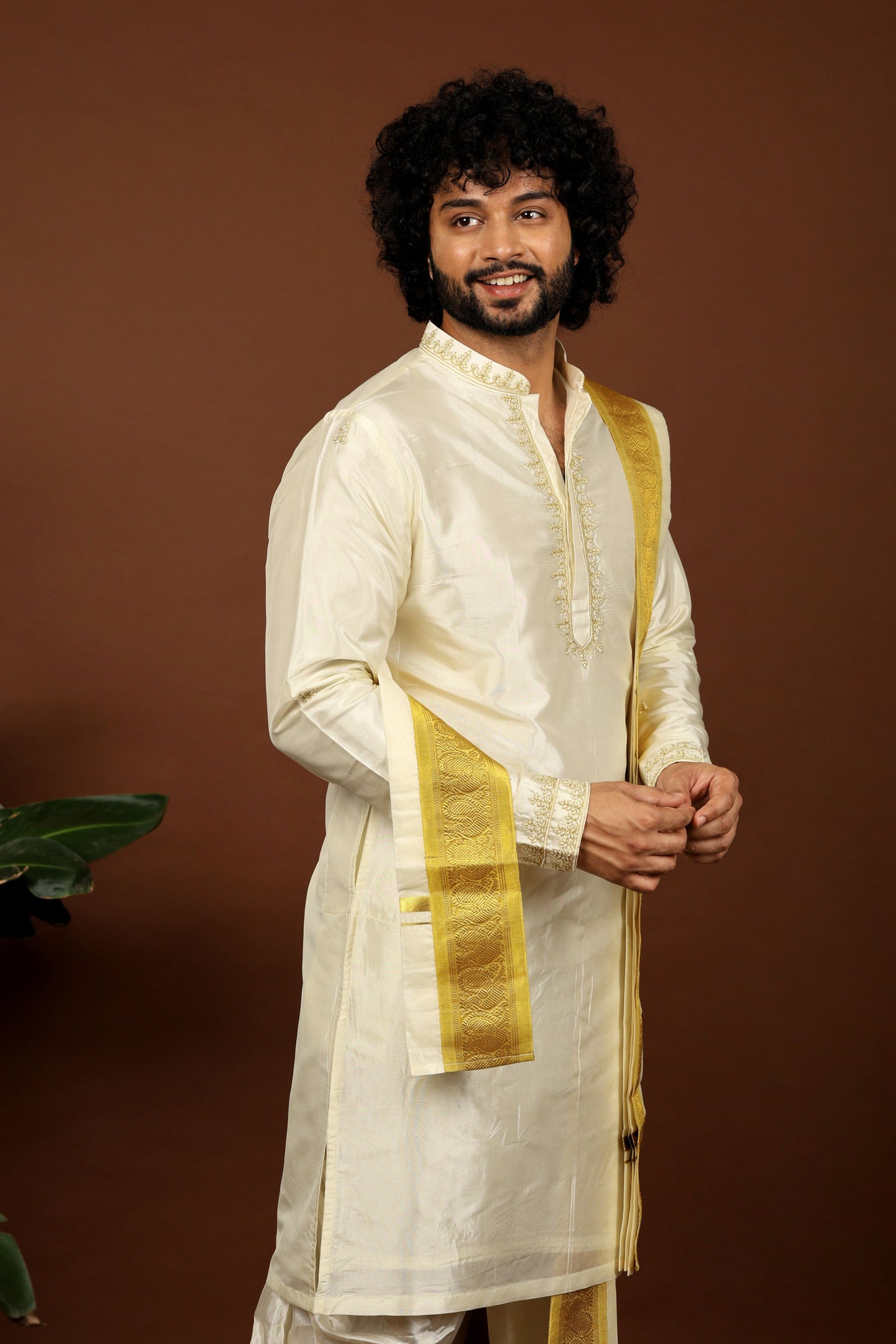 Kanjivaram Rose Gold Hand Emboirdered Pattu Kurta Set by Hilo Design