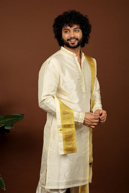 Kanjivaram Rose Gold Hand Emboirdered Pattu Kurta Set by Hilo Design