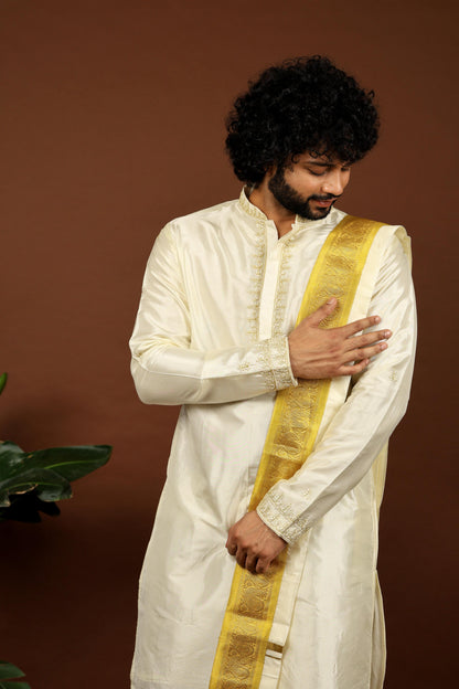 Kanjivaram Rose Gold Hand Emboirdered Pattu Kurta Set by Hilo Design