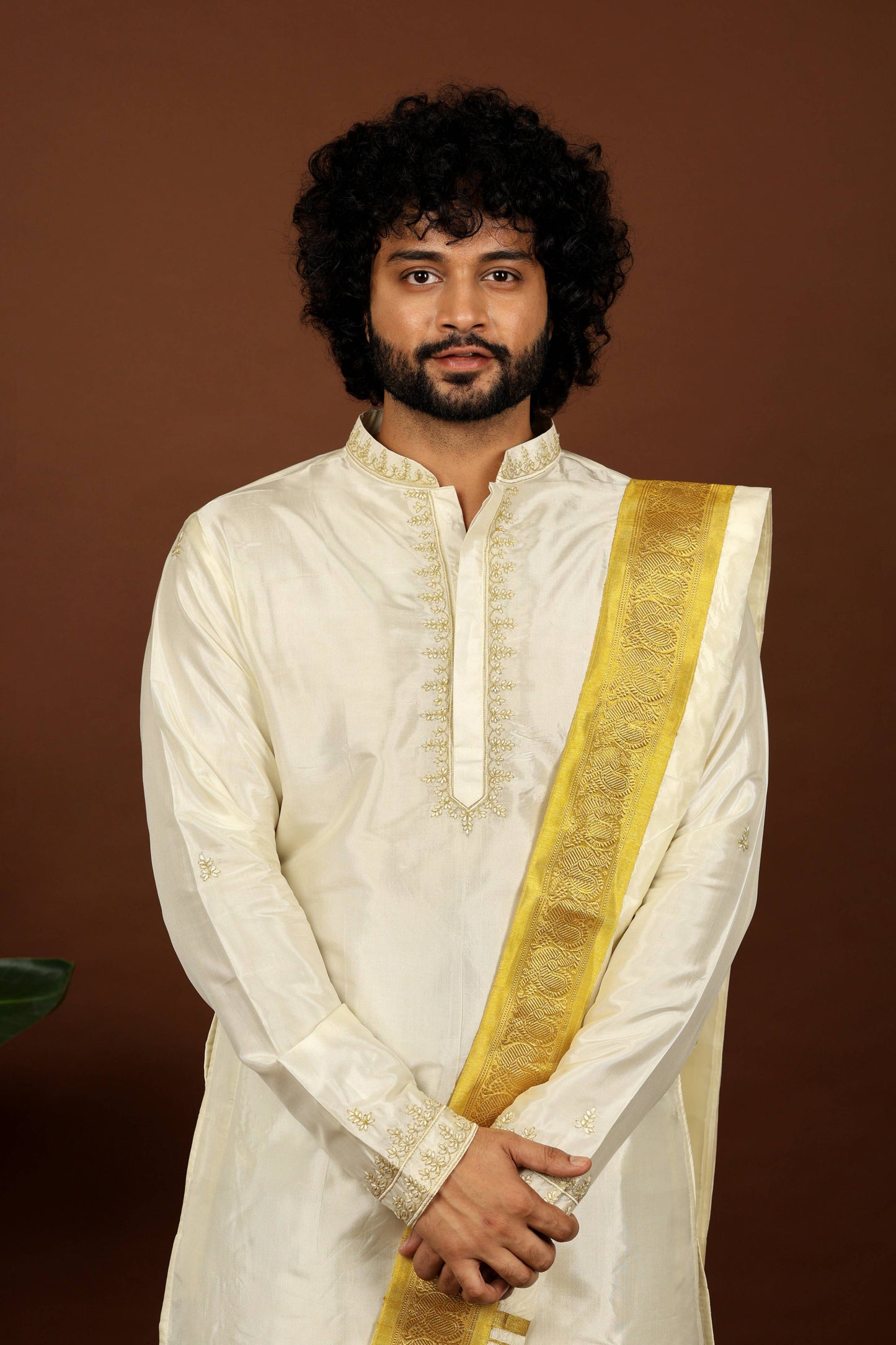 Kanjivaram Rose Gold Hand Emboirdered Pattu Kurta Set by Hilo Design