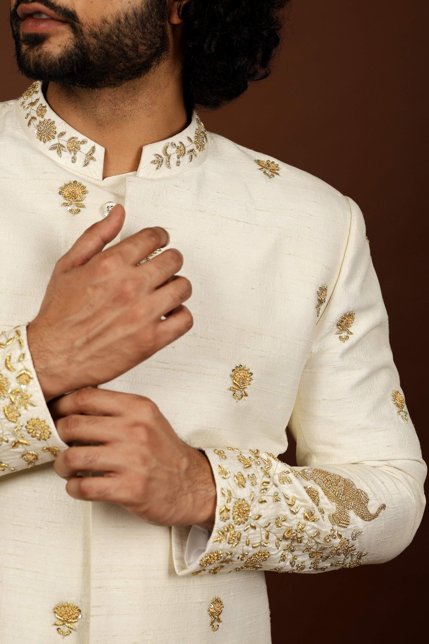 Off White Embroidered Sherwani by Hilo Design
