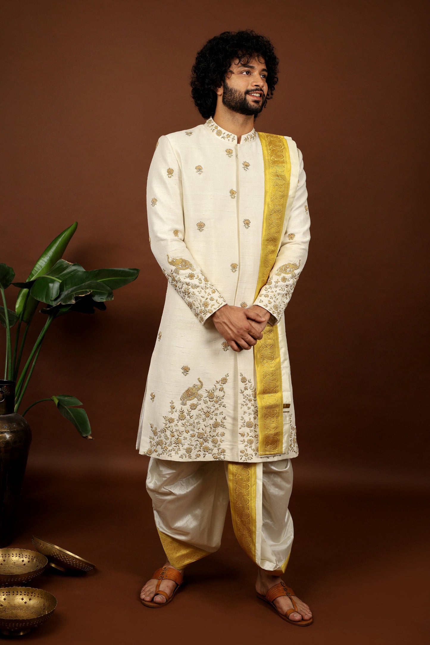Off White Embroidered Sherwani by Hilo Design