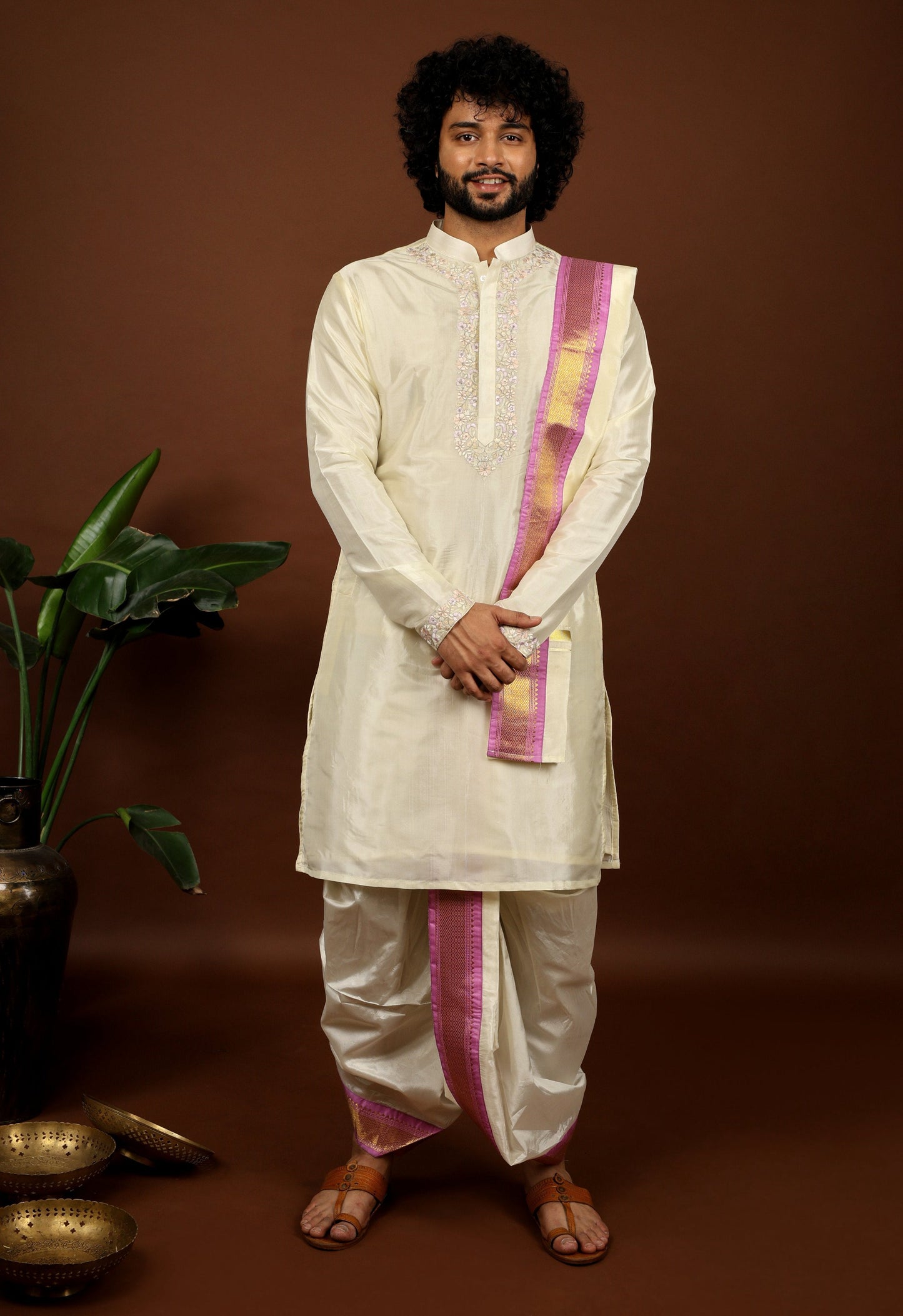 Off White Machine Embroidered Majestic Pattu Kurta Set by Hilo Design