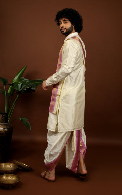 Off White Machine Embroidered Majestic Pattu Kurta Set by Hilo Design