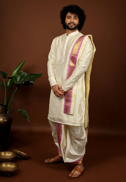 Off White Machine Embroidered Majestic Pattu Kurta Set by Hilo Design