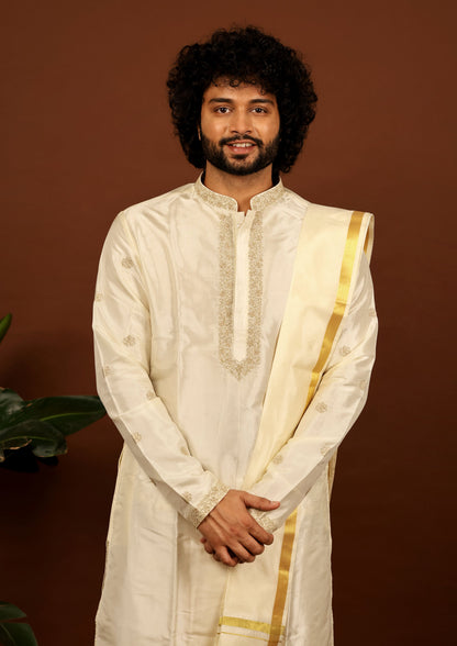 Off White Machine Embroidered Grandeur Pattu Kurta Set by Hilo Design