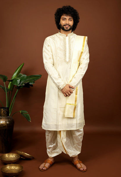 Off White Machine Embroidered Grandeur Pattu Kurta Set by Hilo Design