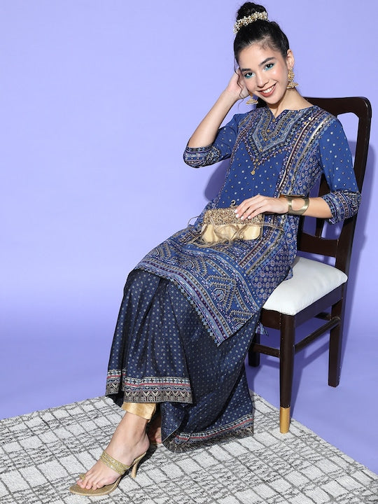 Juniper Women Navy Blue Silk Print Mix Kurta