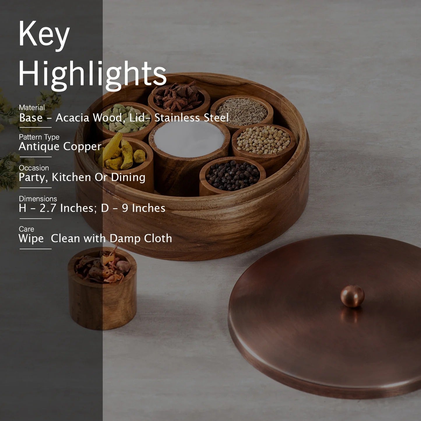 Nestroots Classic Acacia Wood Masala Box with Wooden Jars and Copper Lid
