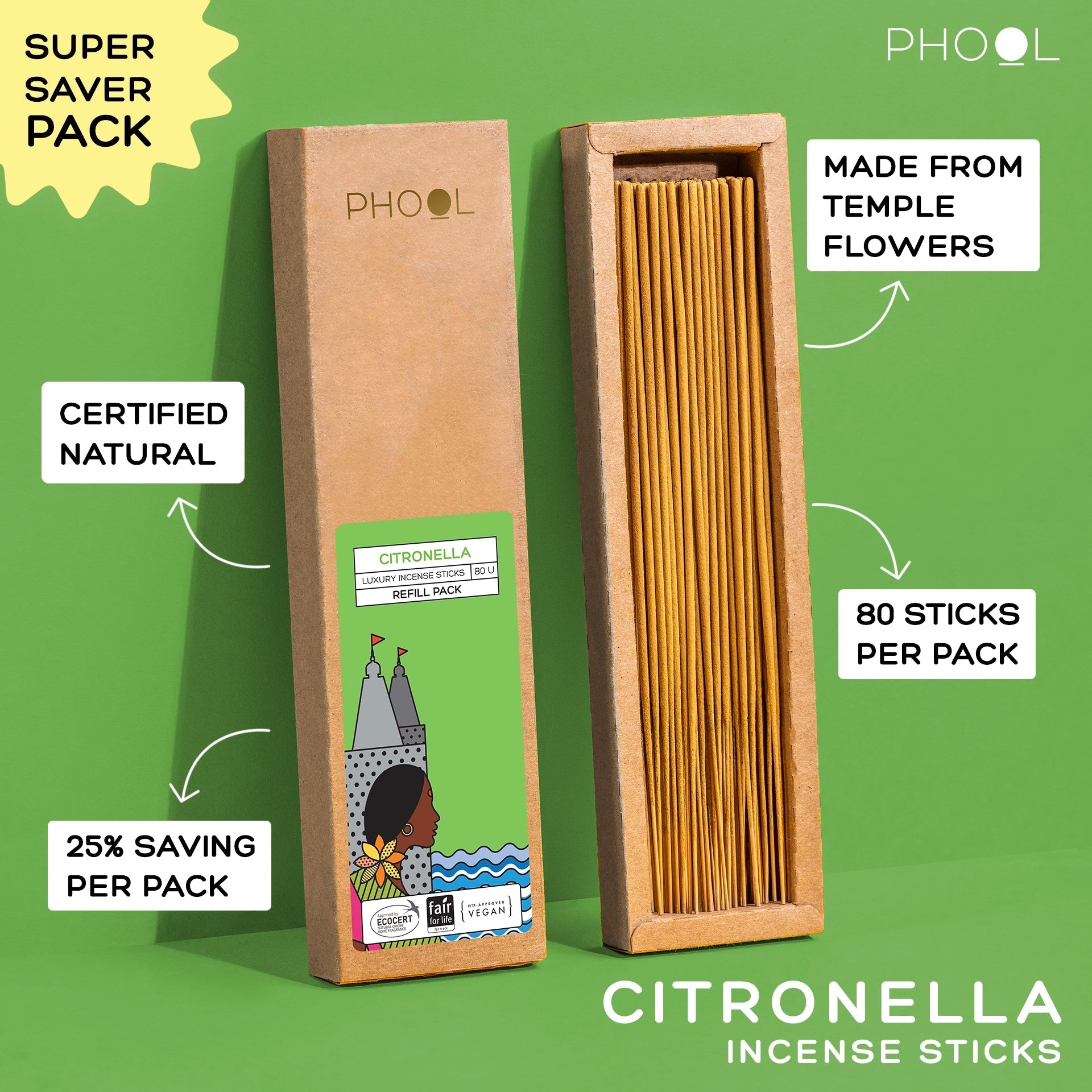 Phool Natural Incense Sticks Refill Pack Citronella - 80 Sticks