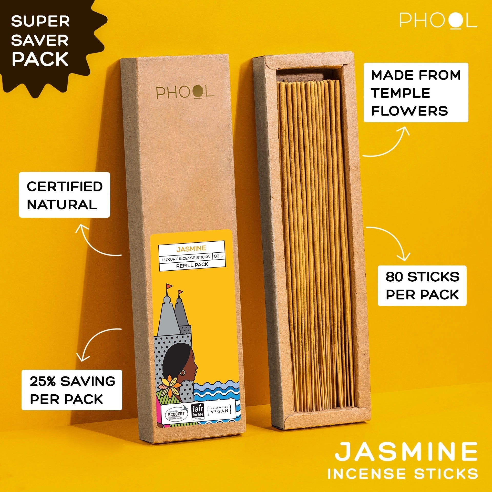 Phool Natural Incense Sticks Refill Pack Jasmine - 80 Sticks