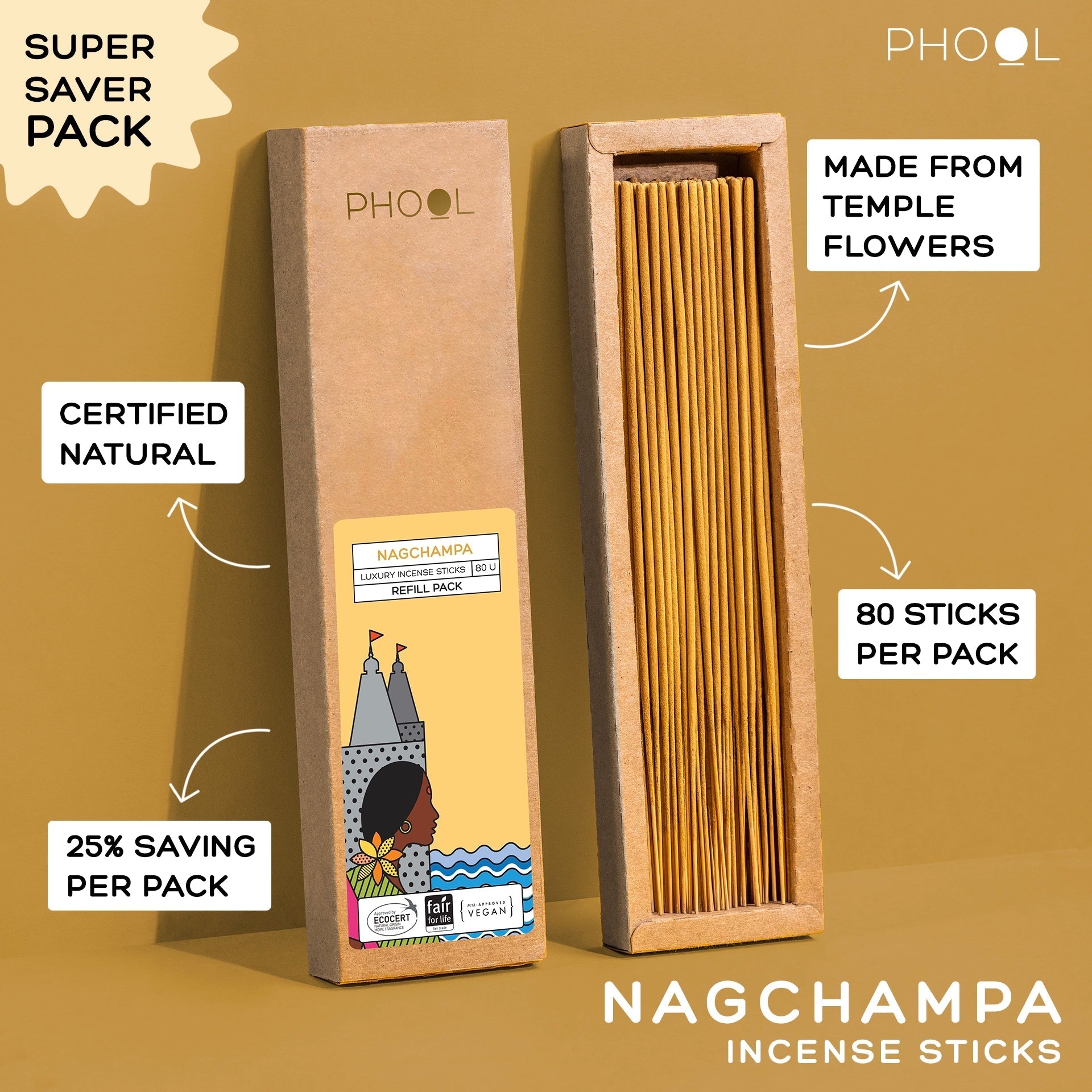 Phool Natural Incense Sticks Refill Pack Nagchampa - 80 Sitcks