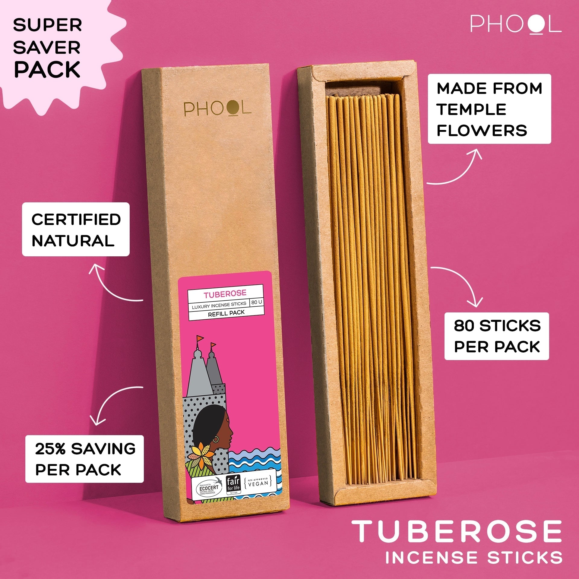 Phool Natural Incense Sticks Refill Pack Tuberose - 80 Sticks