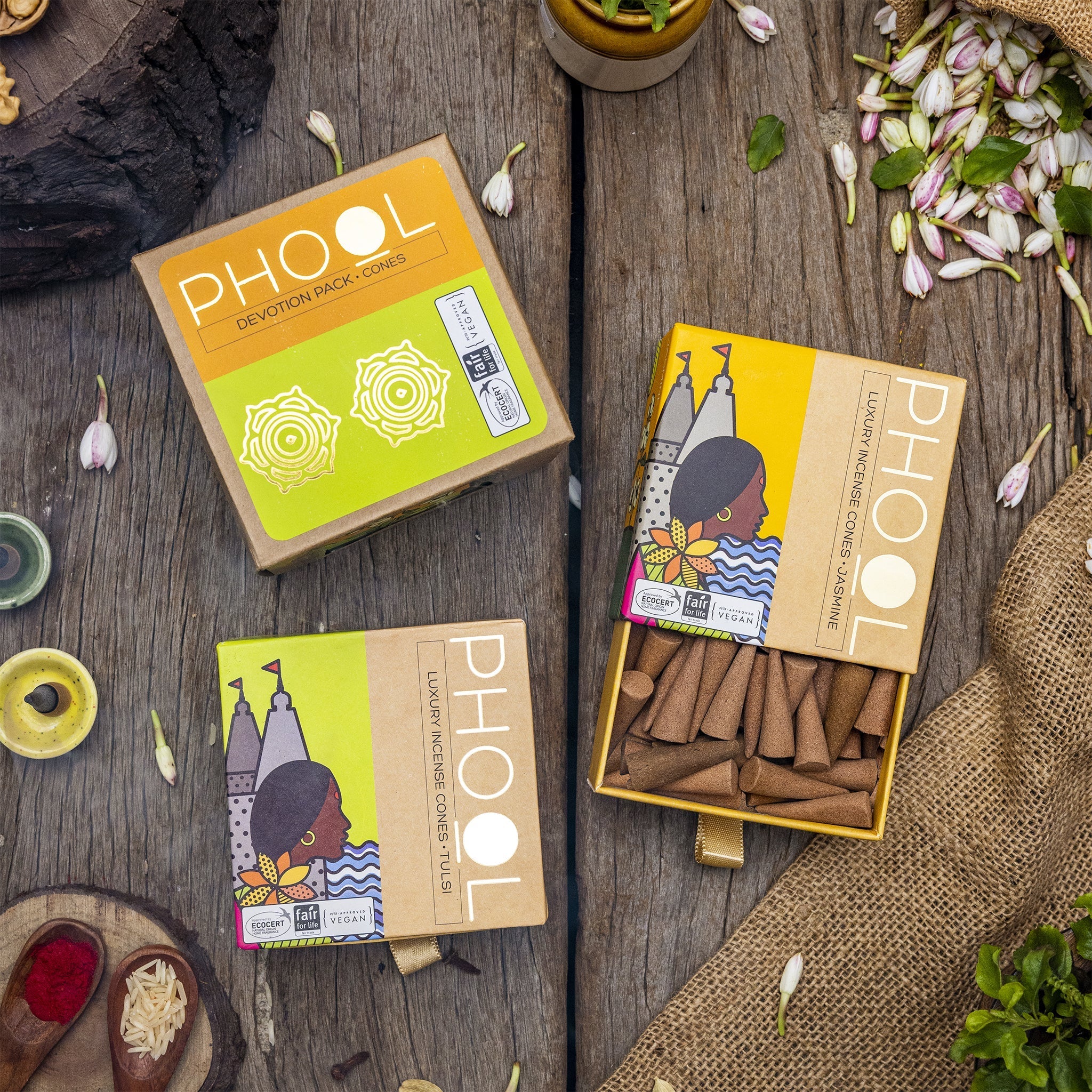 Phool Devotion Pack With Tulsi & Jasmine Cones Combo