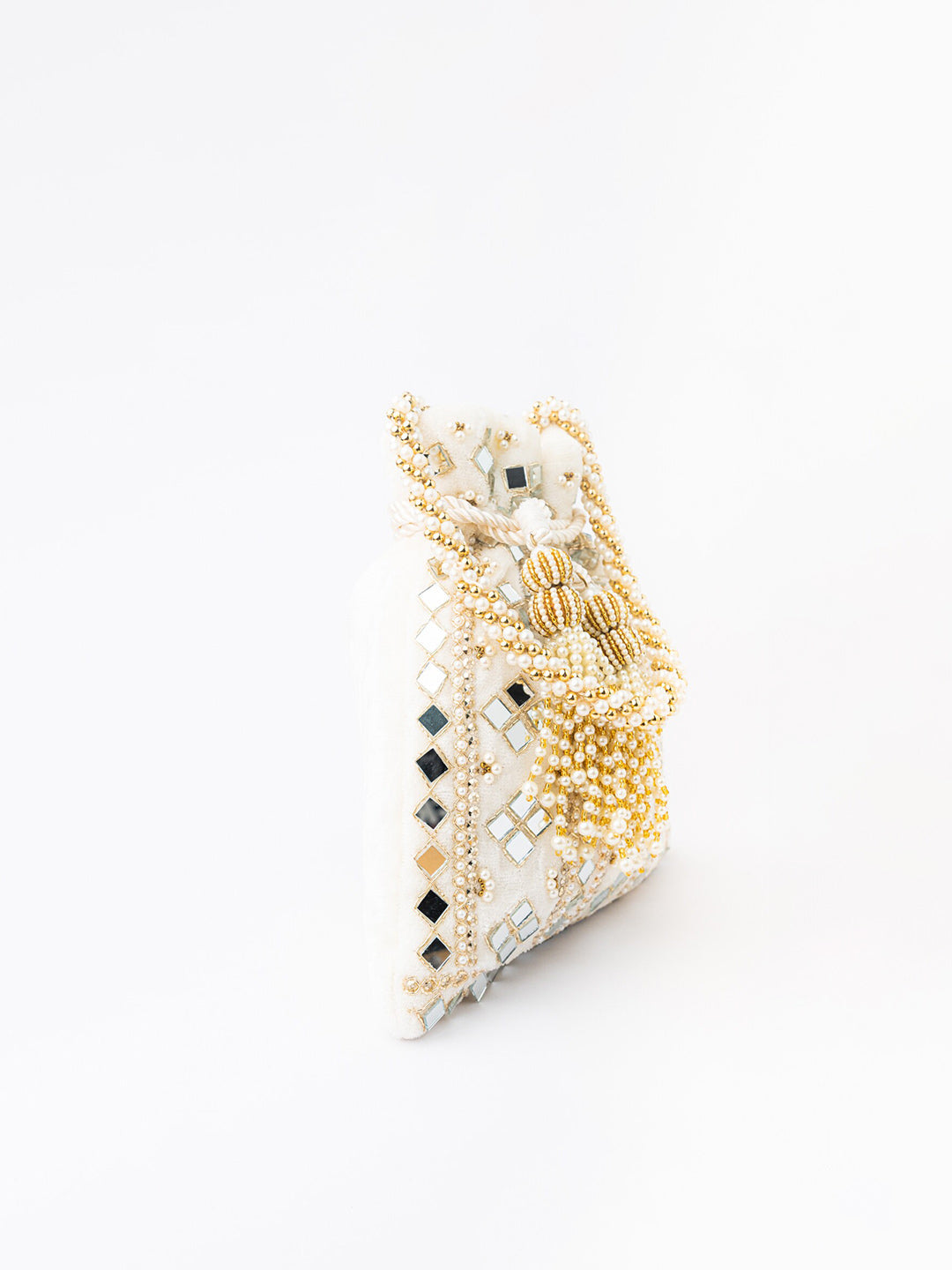 NR By Nidhi Rathi White Mirror Work Embroidered Potli Clutch