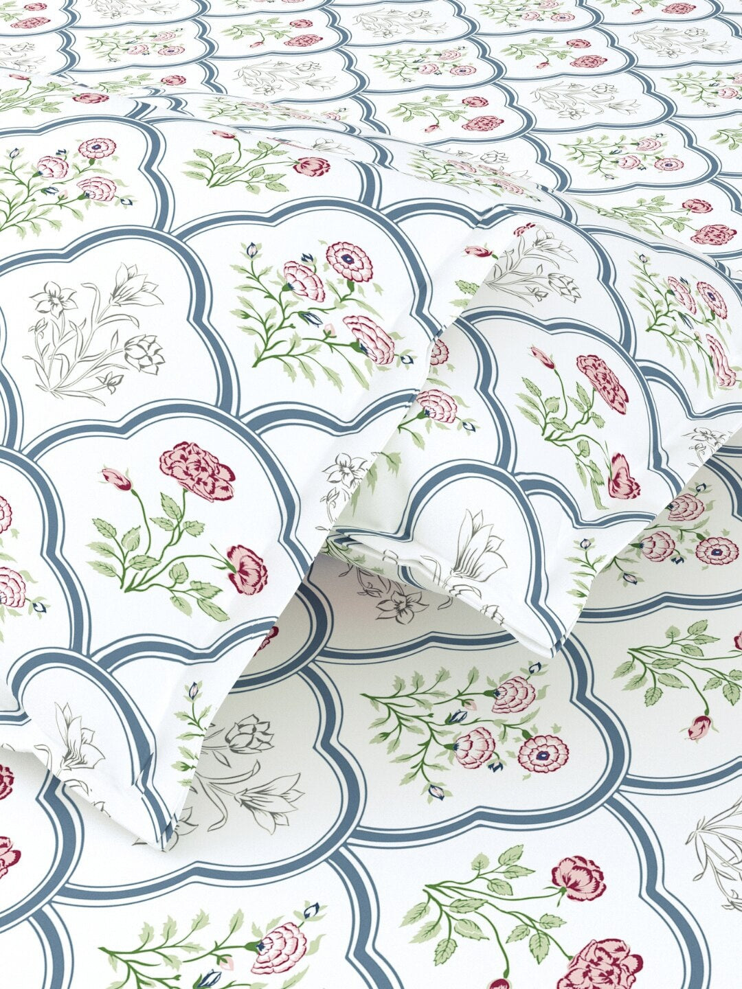 haus & kinder Blue & White Ethnic Motifs 186 TC King Bedsheet with 2 Pillow Covers