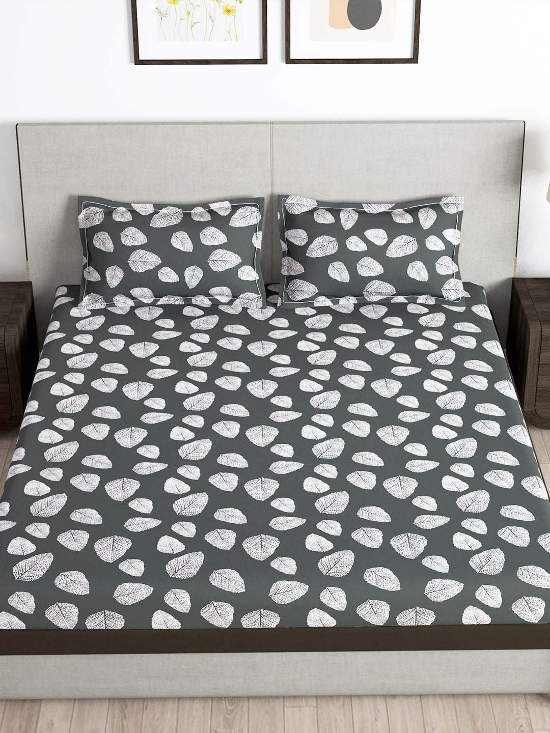 Story@home Arena Grey & White Floral Printed 180 TC Bedsheet & Pillow Covers