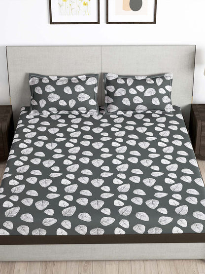 Story@home Arena Grey & White Floral Printed 180 TC Bedsheet & Pillow Covers