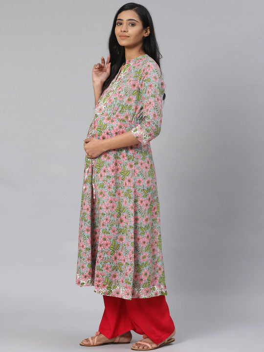 Anayna Women Blue & Pink Floral Printed Pure Cotton Feeding Maternity A-Line Kurta