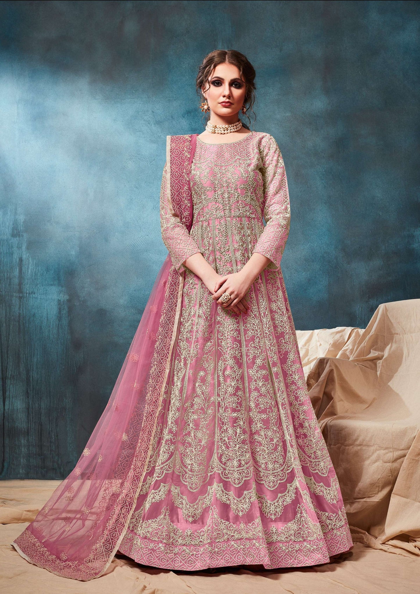 Anaita Pink Embroidered Net Anarkali Suit