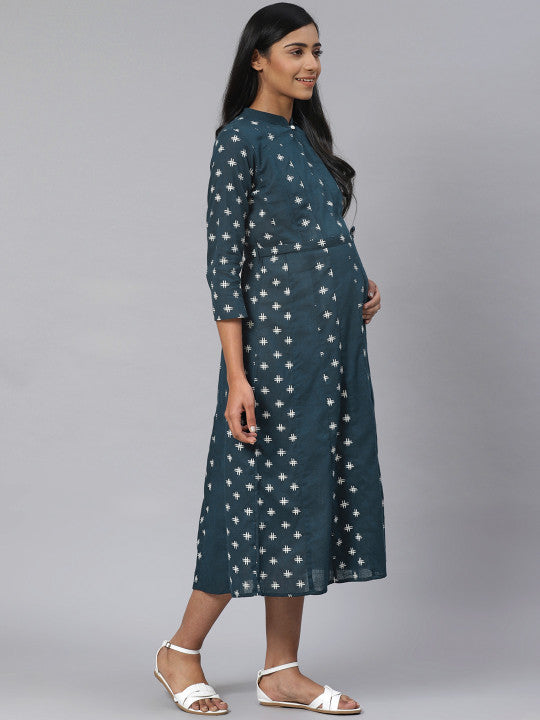 Anayna Women Navy Blue & White Printed Pure Cotton Maternity A-Line Dress