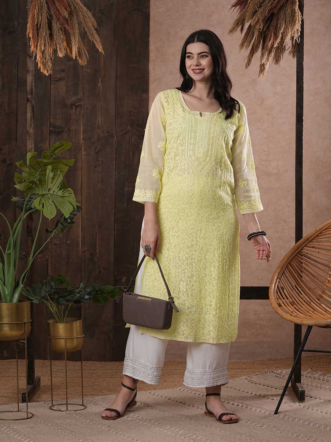 ADA Women Yellow & White Hand Embroidered Chikankari Sustainable Kota Handloom Kurta With Matching Slip