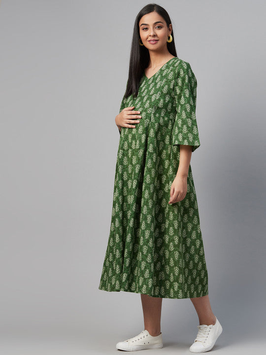 Anayna Women Green & Off-White Printed Maternity A-Line Dress