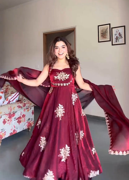 Yash Enterprise Maroon Fandy Silk Party Wear Embroidery Suit Set