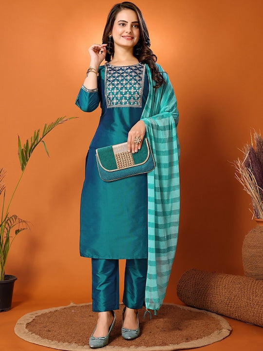 Fabmora Ethnic Motifs Embroidered Regular Zari Straight Kurta With Trouser &Dupatta