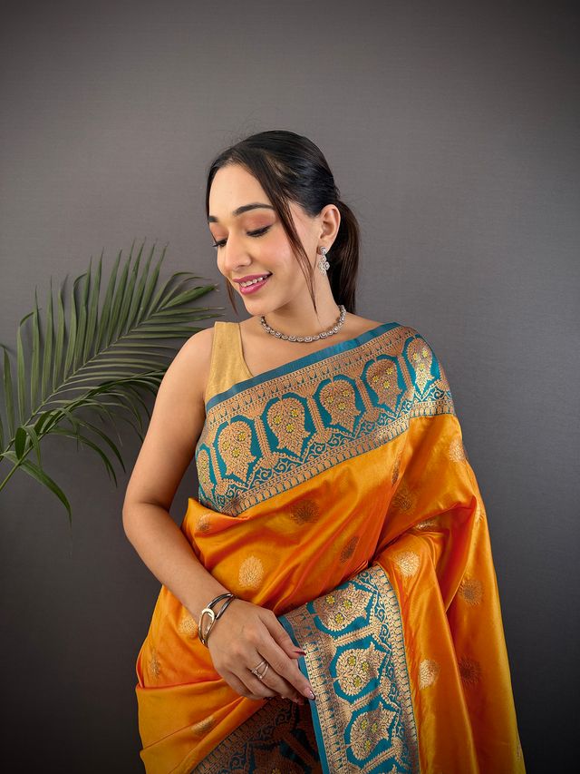 Elora Orange Soft Silk Butti Zari Weaving Constrast Pallu Banarasi Saree