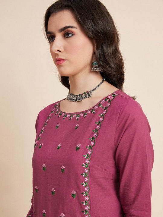 Sangria Floral Embroidered Cotton Straight Kurtas