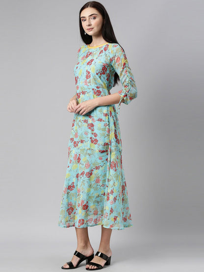 Souchii Blue Floral Printed Chiffon A-Line Midi Dress