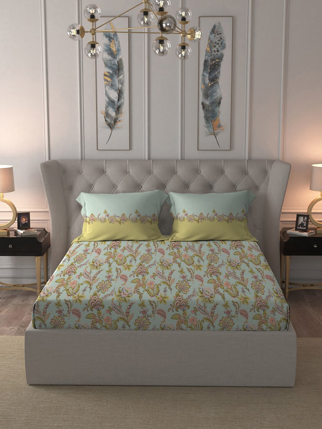 MYTRIDENT Blue White Floral Pure Cotton 144 TC Queen Bedsheet With 2 Pillow Covers