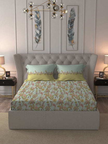 MYTRIDENT Blue White Floral Pure Cotton 144 TC Queen Bedsheet With 2 Pillow Covers